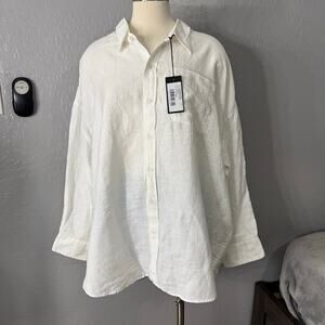 R13 Women's White Drop Neck Linen Blend Button-Up Shirt, Large